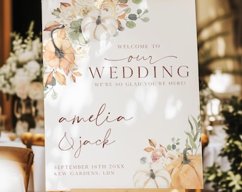 Fall Wedding Welcome Sign Board, Personalised Autumn Wedding Welcome Sign, Customised Wedding Welcome Sign Fall Pumpkin, Printed + Shipped