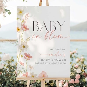 Plaque de bienvenue bébé en fleurs, modèle modifiable de plaque de bienvenue pour baby shower, fleurs sauvages pour baby shower, plaque de bienvenue pour shower de bébé en fleurs bavoir