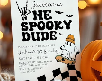 One Spooky Dude Birthday Invitation, Editable Halloween Boy 1st Birthday Invite, First Birthday Spooky One Skateboard Ghost Invitations SO2