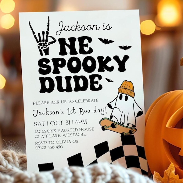 Verjaardagsuitnodiging voor One Spooky Dude, bewerkbare Halloween Boy 1e verjaardagsuitnodiging, eerste verjaardag Spooky One skateboard Ghost-uitnodigingen SO2