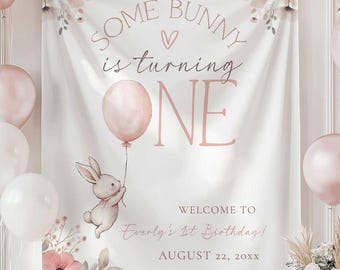 うさぎが1歳の誕生日を迎える背景幕、ボヘミアン風うさぎの1歳の誕生日ウェルカムサイン、ピンクのうさぎが1歳の誕生日を迎えるウェルカム背景幕 SBIO
