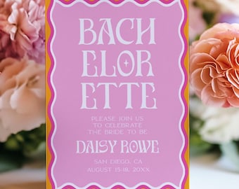 DAISY Pink Wavy Bachelorette Invitation + Itinerary, Bachelorette Party Invite, Bachelorette Weekend Invite, Editable Template, Mobile DS2