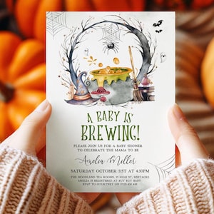 A Baby Is Brewing Baby Shower Invite, Halloween Baby Shower Invitation, Editable Template, Halloween Baby Shower Printables, Spooky Shower
