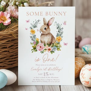 Some Bunny is One Invitation, Bunny is One First Birthday Editable Invitation, Bunny 1st Birthday Invitation Template, First Birthday SBIO