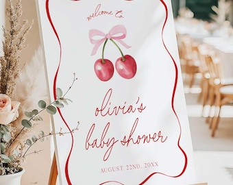 PRINTED + SHIPPED Cherry On Top Baby Shower Welcome Sign, Cherry Baby Shower, Coquette Pink Bow Baby Welcome Sign, Pink Bow Baby Shower COT