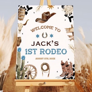 Cartello di benvenuto per la festa di compleanno del primo rodeo, cartello di benvenuto per cowboy, cartello di benvenuto per il compleanno del ranch del selvaggio West, cartello di benvenuto modificabile per il primo rodeo FR1