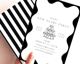 Plantilla de invitación para fiesta de Nochevieja, invitación de lujo para fiesta de Año Nuevo, plantilla editable de Canva, invitación para fiesta de fin de año, invitación moderna con champán