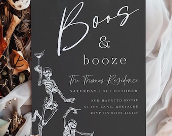 Boos & Booze Halloween Party Einladung, Skelett tanzen Halloween einladen, bearbeitbare Vorlage, Halloween Party für Erwachsene, druckbar, Telefon
