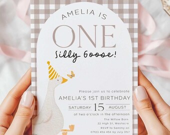 One Silly Goose Birthday Invite, Editable 1st Birthday One Silly Goose Invitation, Silly Goose Birthday Invitation, Gender Neutral OSG