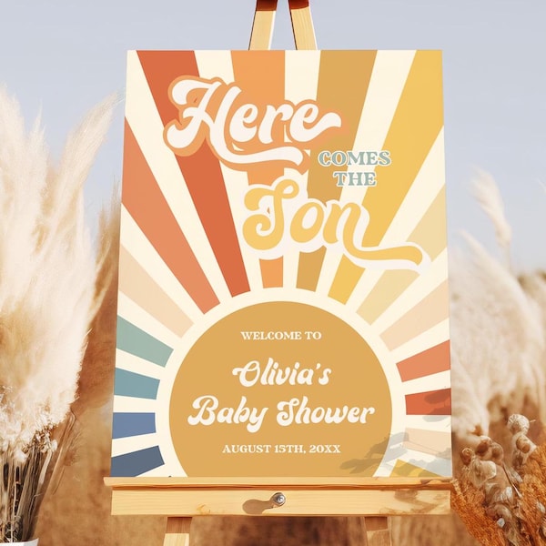 Here Comes The Son babyshower welkomstbord, Sunshine babyshower retro welkomstbord, bewerkbaar bord, retro babyshower welkomstdecor HC1