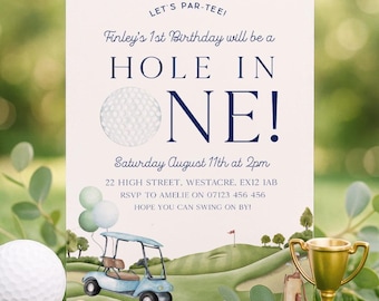 Hole In One First Birthday Invitation Set, Editable Golf 1st Birthday Invite Canva Template, Golf Par-Tee First Birthday Invitation GO1