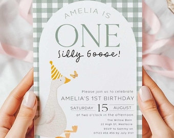 One Silly Goose Birthday Invite, 1st Birthday Editable One Silly Goose Invitation, Green One Silly Goose Birthday Invitation OSG