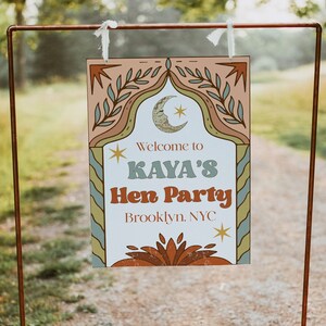 Letrero de bienvenida para despedida de soltera estilo bohemio retro de KUUMA, plantilla editable, letrero de bienvenida para despedida de soltera, letrero de bienvenida para despedida de soltera estilo retro, decoración para despedida de soltera estilo bohemio KM1
