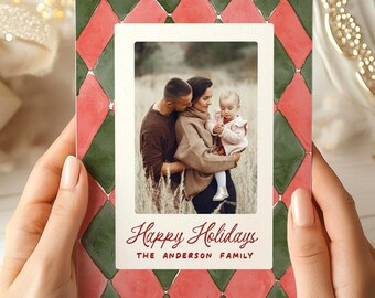 Christmas Holiday Photo Card Template, Red Green Watercolor Holiday Photo Card, Canva Template, Happy Holidays Card Printable, Modern Luxury