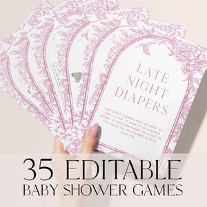 35 Pink Toile Baby Shower Games, Chinoiserie BabyShower Games, Editable Baby Games, Baby Bingo Game, Floral Pink Baby Shower Games CHB