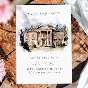 Custom Venue Save the Date Cards, Personalized Watercolour Venue Save The Date, Printed Illustrated Wedding Save The Date Cards, Wedding