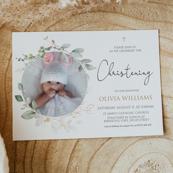 EDITABLE Christening Invitation Template, Botanical Printable Photo Christening Invitation Gold Greenery Christening Invite Instant Boy Girl