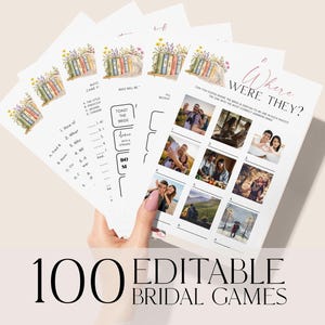 May include: A stack of white bridal game cards with floral and book illustrations. One card features the text "Where Were They?" with photo prompts. The image also includes the text "100 Editable Bridal Games."