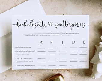 May include: A printable bachelorette party game called "Scattergories" with the word "Bride" at the top. The game asks players to think of words that start with each letter of the word "Bride" for each of the listed categories.