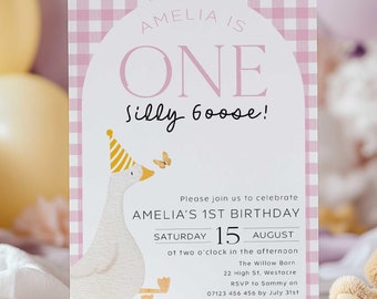 One Silly Goose Birthday Invite, Little Girl Editable 1st Birthday One Silly Goose Invitation, Pink Silly Goose Birthday Invitation OSG