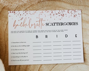 DIRTY Bachelorette Scattergories Game, Bachelorette Party Games, Editable Bachelorette Game Printable, Rude Bachelorette Games Rose Gold RGC