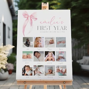 Póster con foto del primer cumpleaños con lazo rosa, tablero de cumpleaños con lazo rosa de mi primer año, plantilla editable para fiesta del primer cumpleaños de niña con lazo rosa PFB