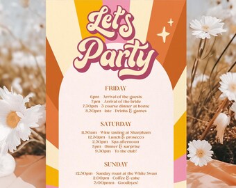 60s Festival Itinerary Template, Bachelorette Itinerary, Birthday Weekend Itinerary Template, Festival Itinerary, Editable, 60s, WS1