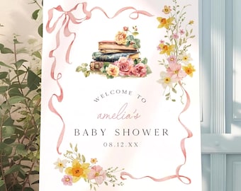 Storybook Baby Shower Welcome Sign Template, A New Chapter Begins Baby Shower, Pink Bow ANC