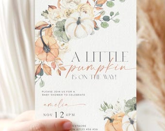 Fall Pumpkin Baby Shower Invitation Template, Watercolor Pumpkin, Editable Template FAB
