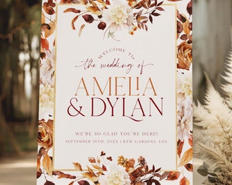 Fall Wedding Welcome Sign Board, Personalised Autumn Wedding Welcome Sign, Gold Boho Customised Wedding Welcome Sign, Printed + Shipped,