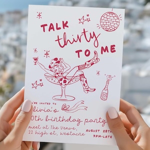 Faire-part d'anniversaire dessiné main 30 ans sale, 30e anniversaire de cow-girl côtière rouge, modèle modifiable Doodle Style Talk Thirty To Me Invite