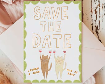 Save The Date Wedding Template, Fun Cat Save The Date Card Canva Template, Wedding Announcements Card, Editable Wedding Stationary Template
