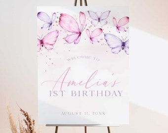 Butterfly 1st Birthday Welcome Sign, Pink Butterfly Birthday Welcome Sign, 1st Birthday Decor, Purple Butterfly Birthday Welcome Sign BF2