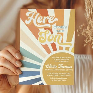 Retro Here Comes The Son Baby Shower Invite, Editable Template, Sunshine Baby Shower Invitation Set, Retro Sunshine Baby Shower Invite HC1