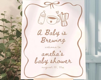 Baby Is Brewing ベビーシャワーウェルカムサイン、手描き、編集可能なテンプレート、コーヒーカフェベビーシャワーウェルカムサイン ABB