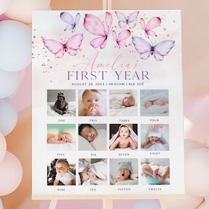 Butterfly 1st Birthday Milestone Photo Poster, My First Year Butterfly Birthday Board, Butterfly Girl 1st Birthday Party Template BF2