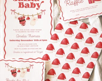 Santa Baby Baby Shower Invitation, Christmas Baby Shower Books For Baby & Diaper Raffle, Editable Canva Template, Christmas Baby Invite Set
