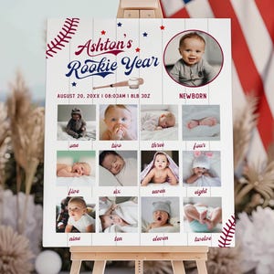 Honkbal mijlpaal verjaardagsteken, baby's eerste jaar poster sjabloon, kleine nieuweling 1e verjaardag mijlpaal, 1e verjaardag fotocollage BB3