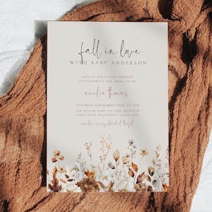 Invitación editable para baby shower "Enamórate", invitación para baby shower "Bebé en flor" en Canva, invitación para baby shower de otoño FAB