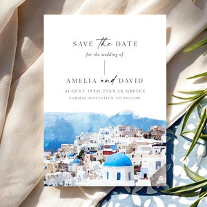 Santorini Destination Save the Date Template, Greek Wedding, Editable Watercolor Save the Date Card