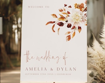 Fall Boho Wedding Welcome Sign Board, Printed + Shipped, Personalised Autumn Wedding Welcome Sign, Customised Wedding Welcome Sign, Modern