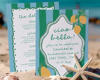 Invitación e itinerario de despedida de soltera "Ciao Bella", invitación editable para despedida de soltera mediterránea, plantilla de invitación para despedida de soltera italiana CB