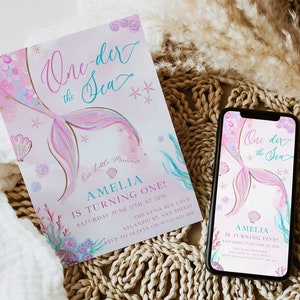 Oneder The Sea Mermaid Birthday Invitation, Pink First Birthday Mermaid Party Invite, Under The Sea Mermaid Birthday Party Invite  MER1