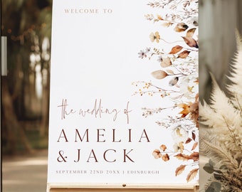 Wildflower Wedding Welcome Sign Board, Printed + Shipped, Personalised Autumn Wedding Welcome Sign, Customised Wedding Welcome, Boho