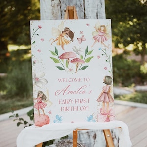 Cartello di benvenuto per il primo compleanno della fata, cartello di compleanno della fata stravagante modificabile, poster della fata magica, cartello di benvenuto della foresta incantata modello FA1