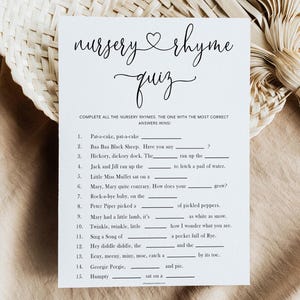 Baby Nursery Rhyme Quiz, Printable Baby Shower Games, Baby Shower Games, Nursery Rhyme Quiz Game, Fun Baby Shower Games, Nursery Game M1