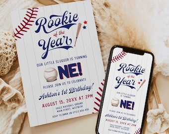Baseball First Birthday Invitation, Rookie Of The Year Invite, Baseball Birthday Party, Birthday Invite Suite Editable Template Invite BB3