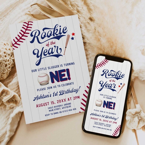 Baseball First Birthday Invitation, Rookie Of The Year Invite, Baseball Birthday Party, Birthday Invite Suite Editable Template Invite BB3