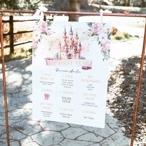Letrero de bienvenida para el primer cumpleaños de la princesa, celebración real, póster imprimible para el primer año del bebé, letrero de bienvenida para el primer cumpleaños, cumpleaños de princesa PR1