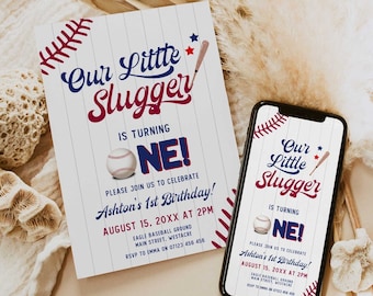 Invitación para el primer cumpleaños de béisbol, invitación de Our Little Slugger, fiesta de cumpleaños de béisbol, plantilla editable para invitación de cumpleaños BB3